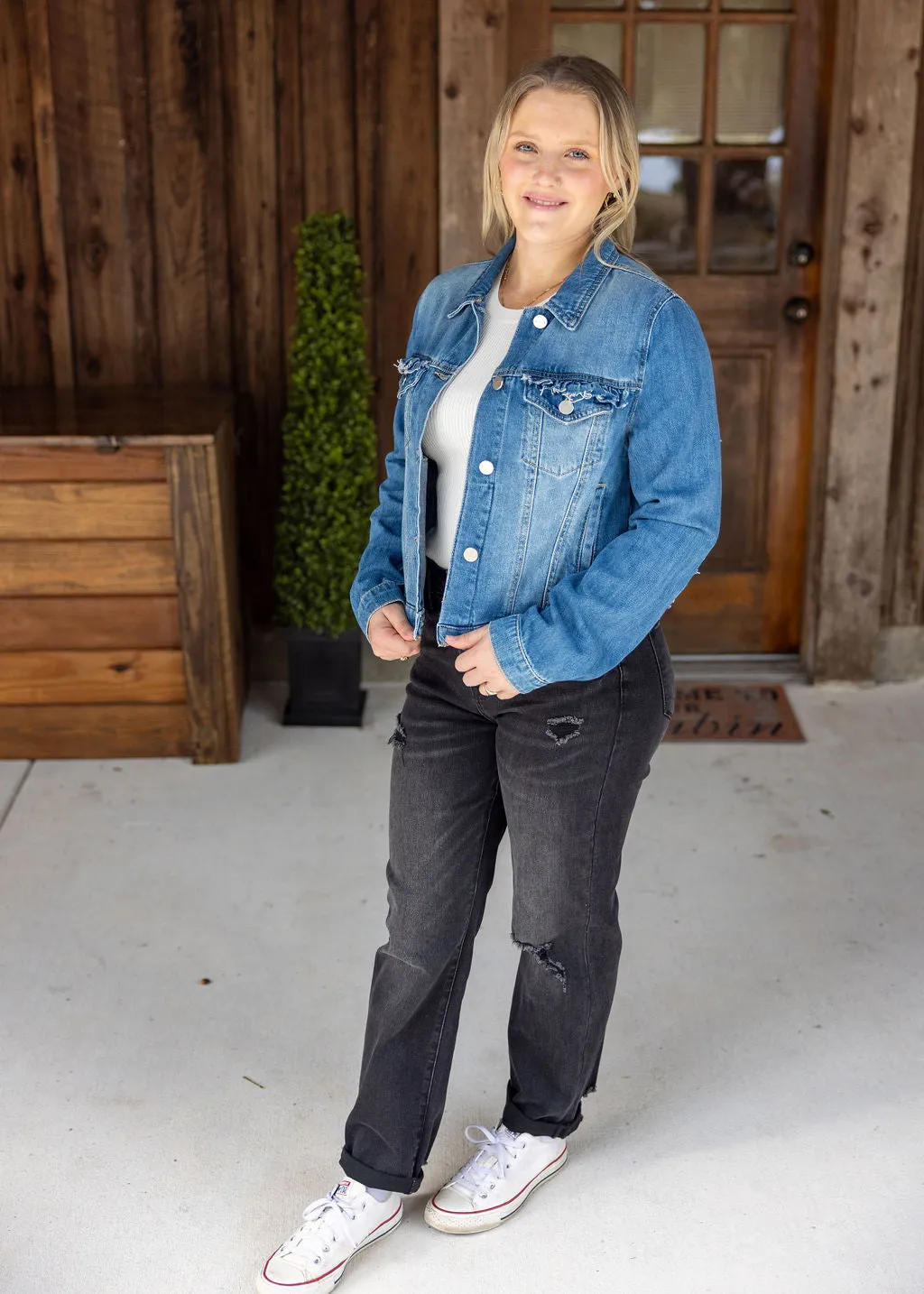 Risen Ruffled Dark Wash Jean Jacket
