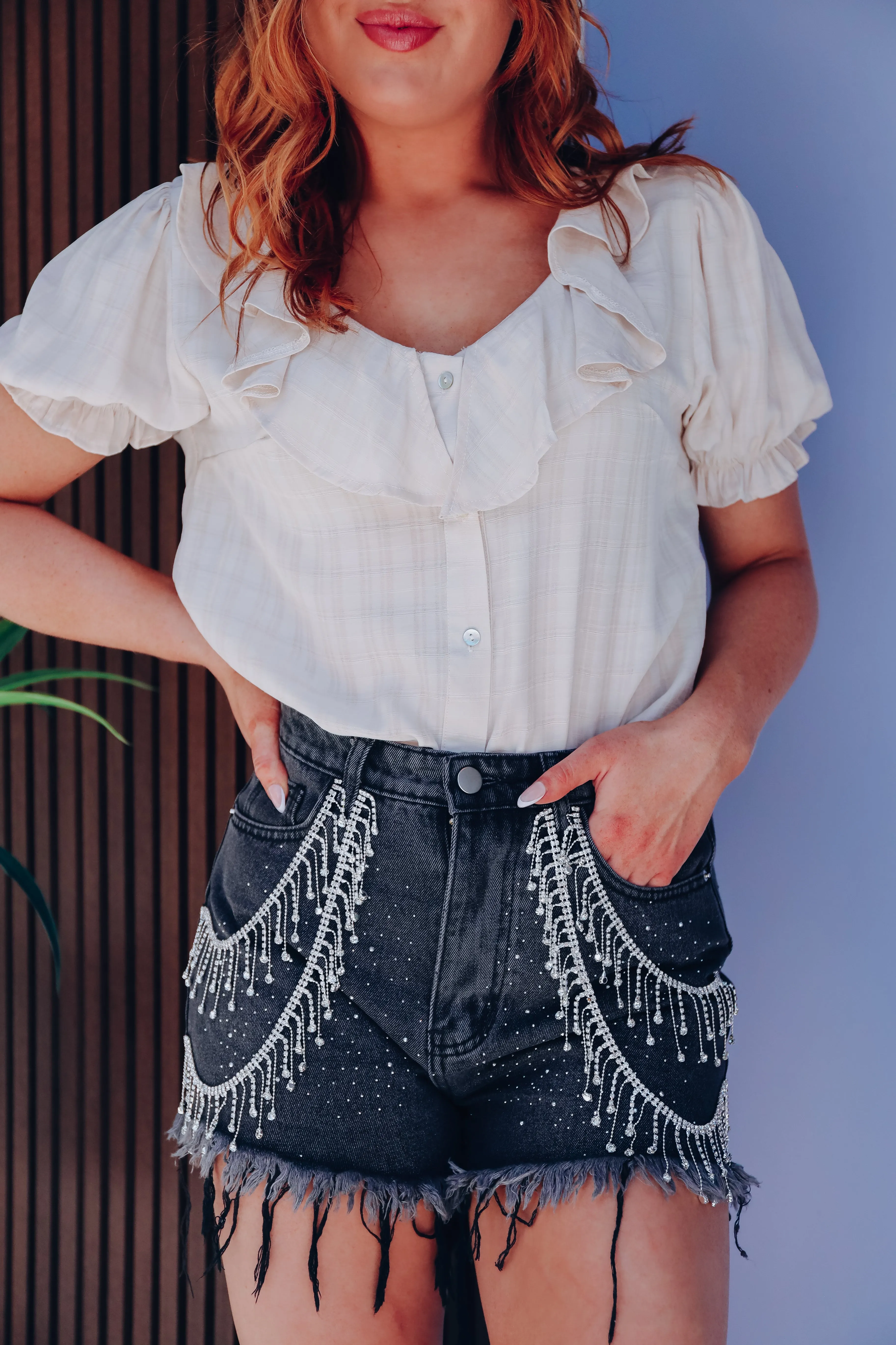 Rosemary Fringe Rhinestone Denim Shorts - Charcoal