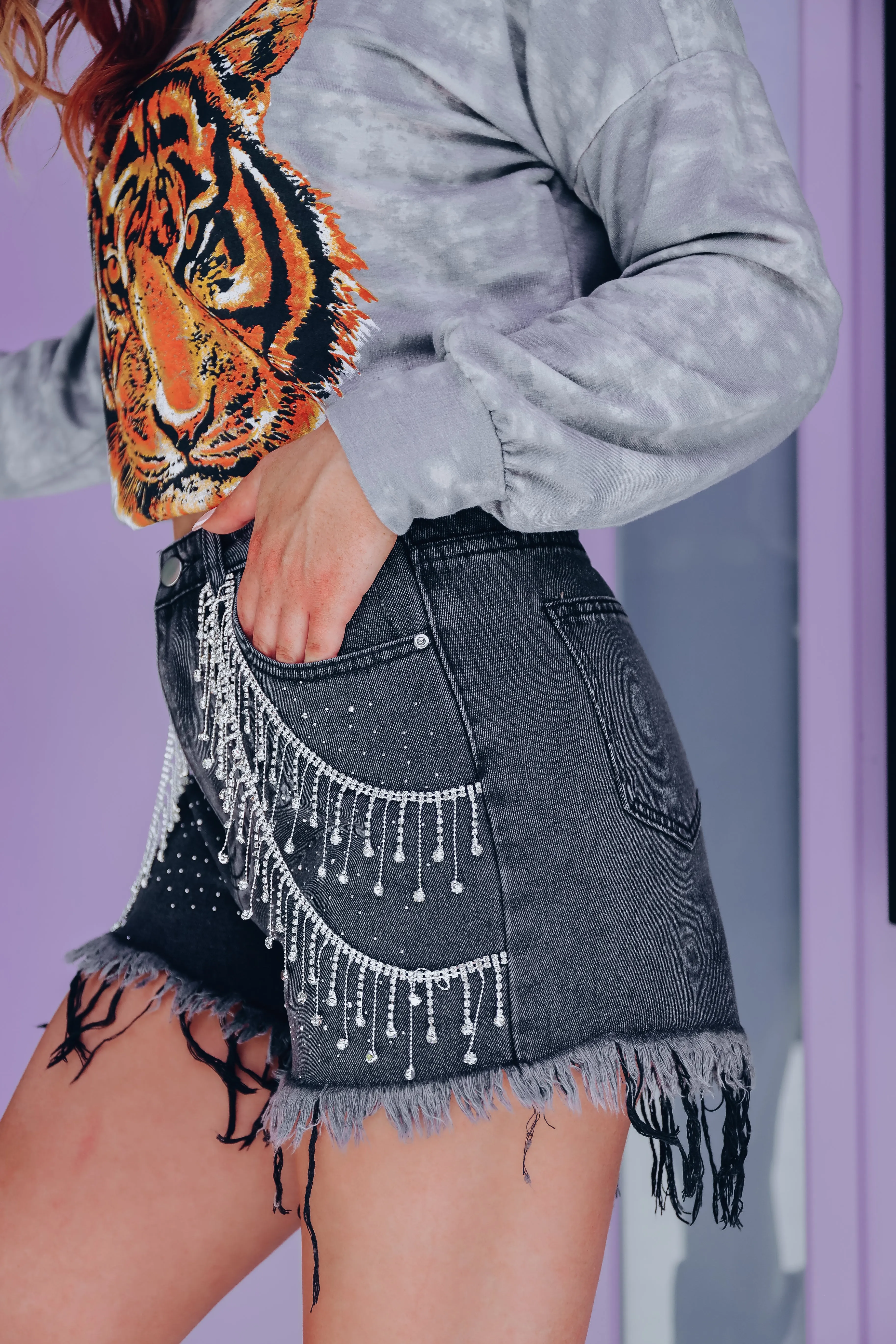 Rosemary Fringe Rhinestone Denim Shorts - Charcoal