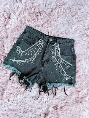 Rosemary Fringe Rhinestone Denim Shorts - Charcoal