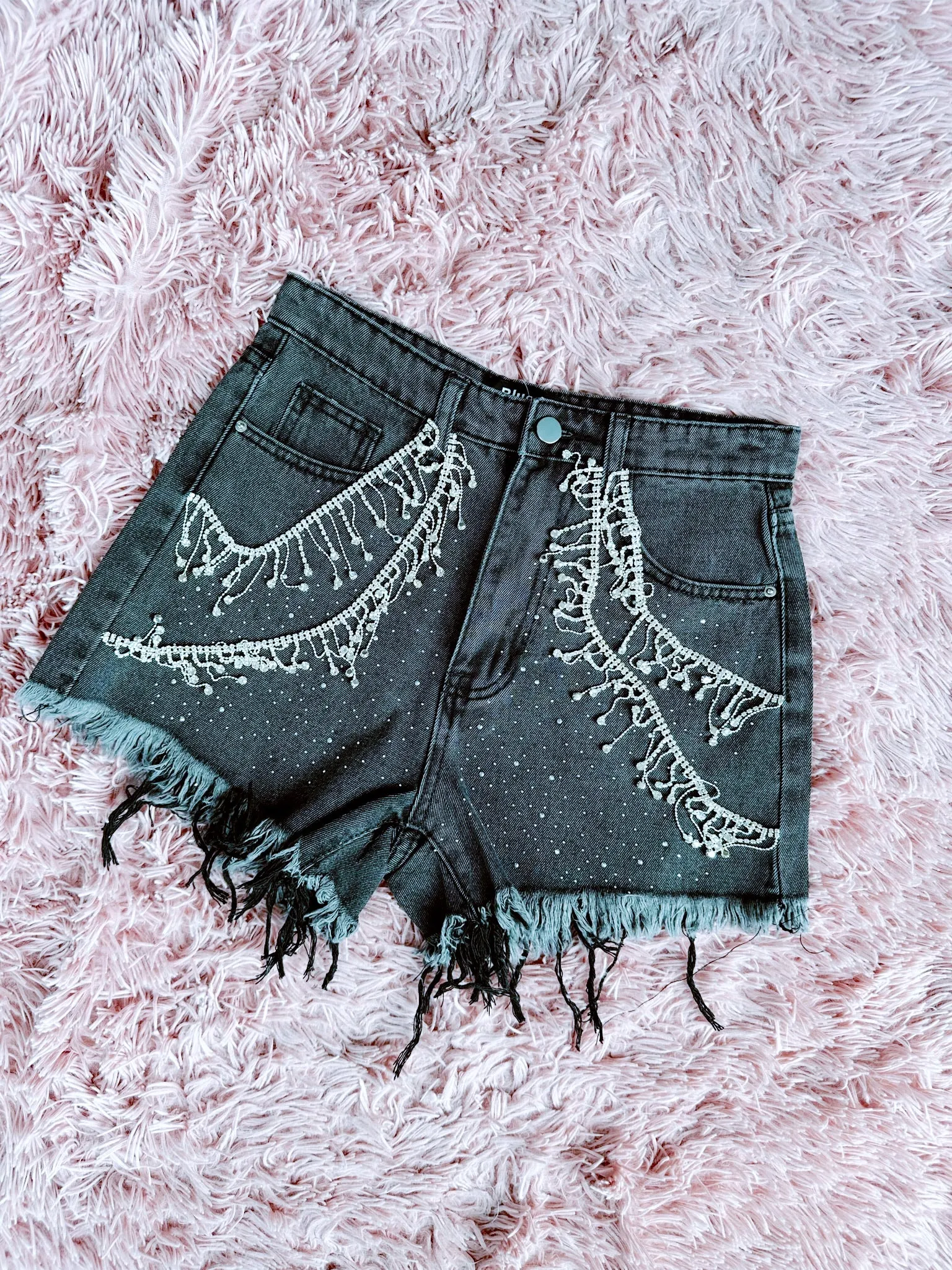 Rosemary Fringe Rhinestone Denim Shorts - Charcoal