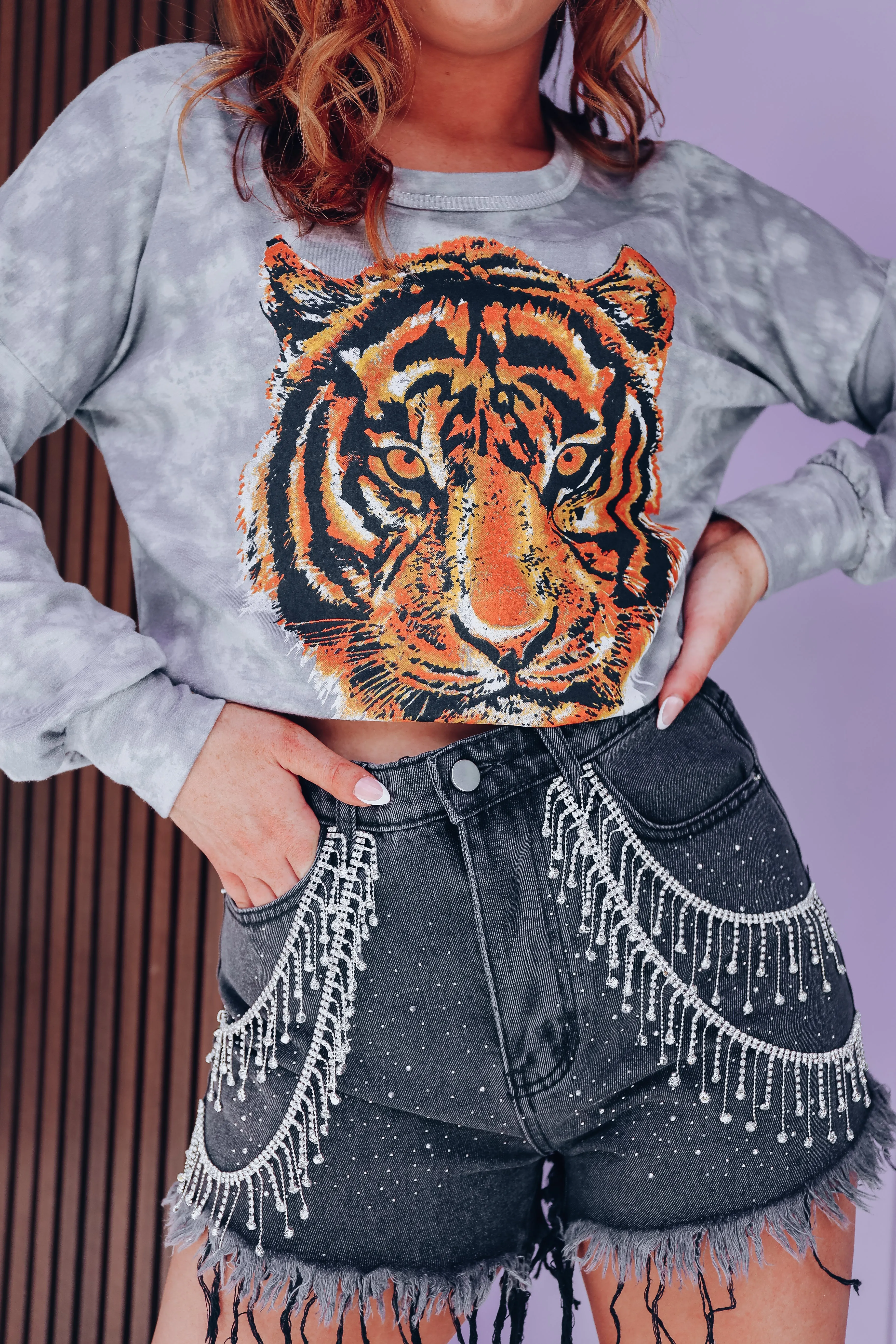 Rosemary Fringe Rhinestone Denim Shorts - Charcoal