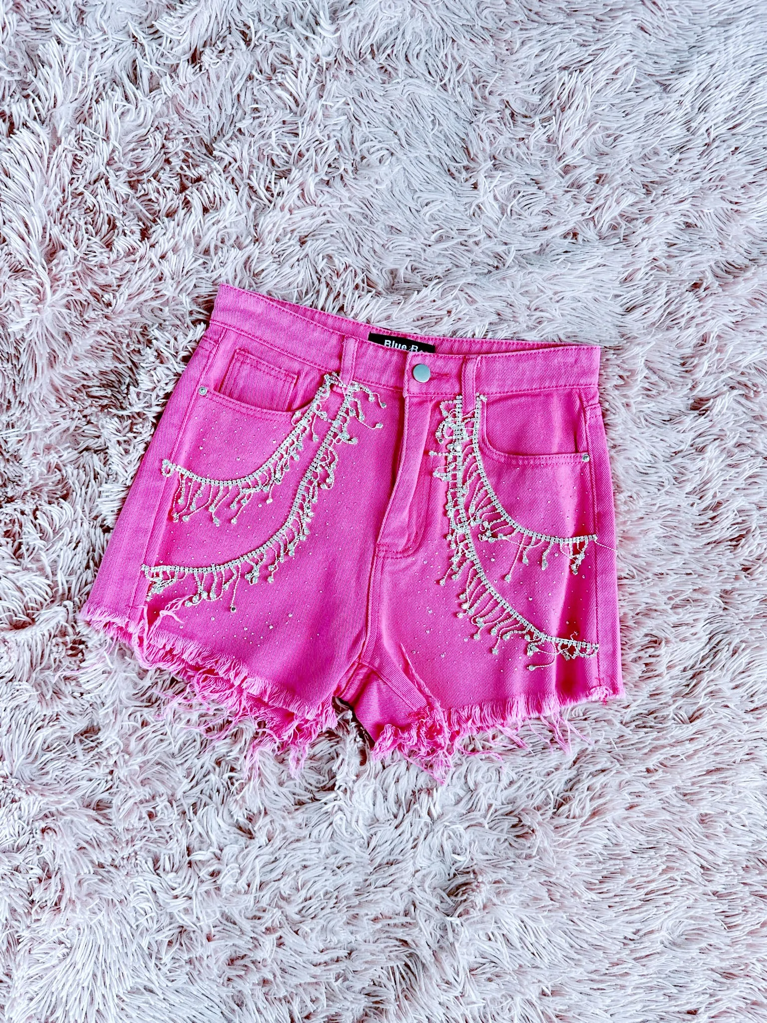Rosemary Fringe Rhinestone Denim Shorts - Pink
