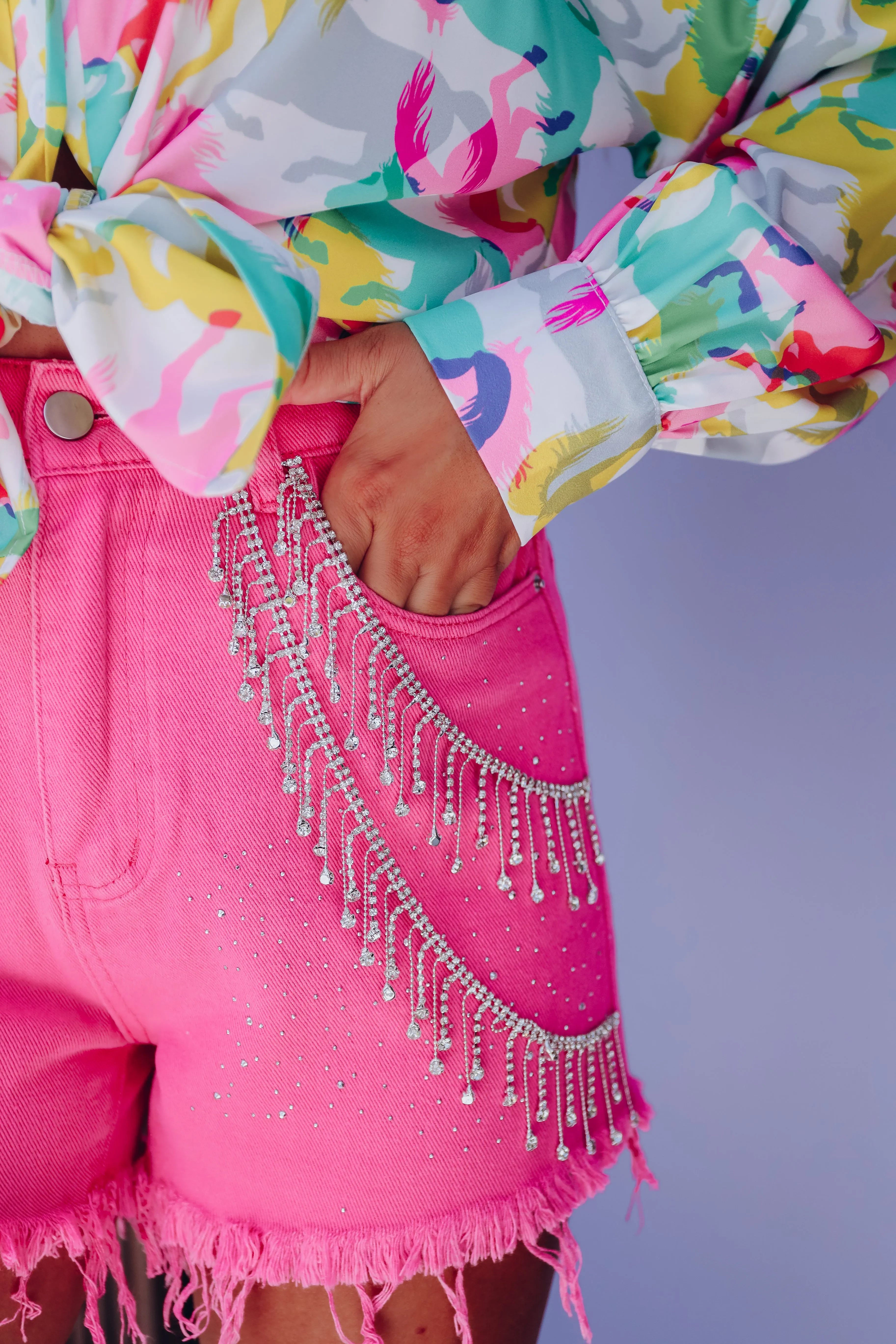 Rosemary Fringe Rhinestone Denim Shorts - Pink