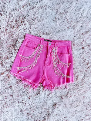 Rosemary Fringe Rhinestone Denim Shorts - Pink