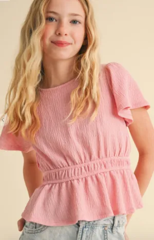 Round Neck Flutter Slv Peplum Top W/juliette Waist in pink