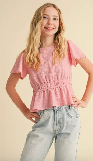 Round Neck Flutter Slv Peplum Top W/juliette Waist in pink