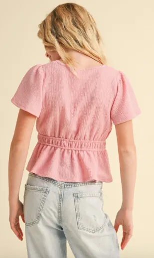 Round Neck Flutter Slv Peplum Top W/juliette Waist in pink
