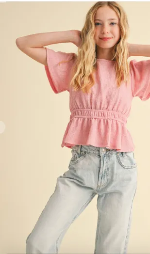 Round Neck Flutter Slv Peplum Top W/juliette Waist in pink