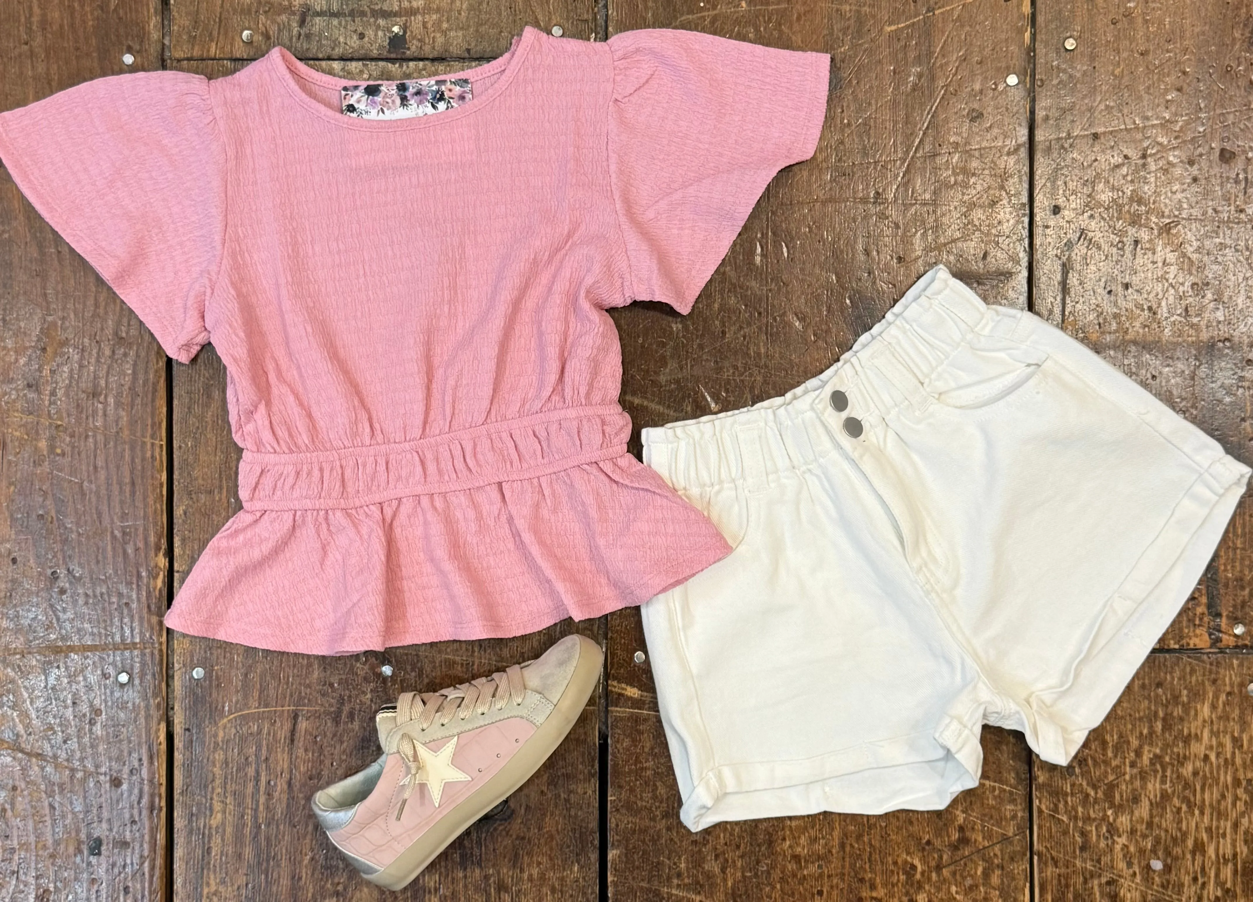Round Neck Flutter Slv Peplum Top W/juliette Waist in pink