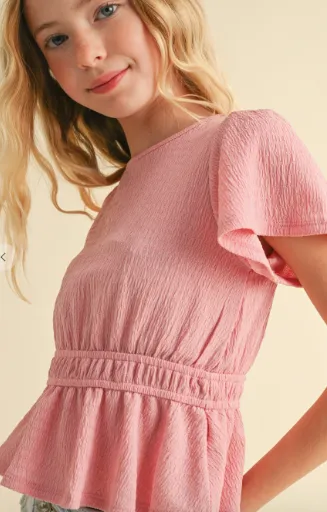 Round Neck Flutter Slv Peplum Top W/juliette Waist in pink