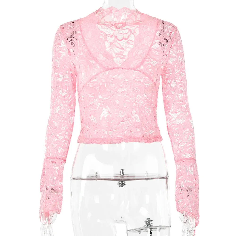See Through V-Neck Long Sleeve Lace Skinny Top for Women Spring Summer Party Club Shirts