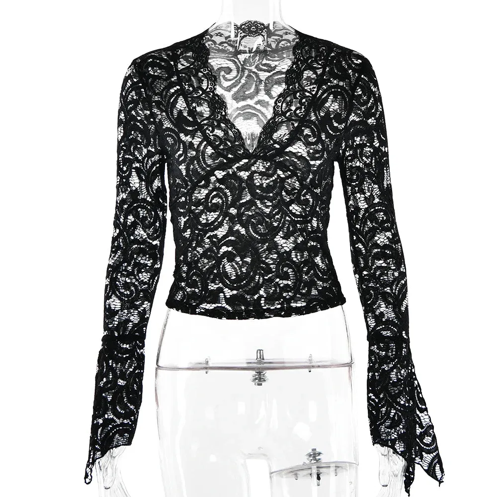 See Through V-Neck Long Sleeve Lace Skinny Top for Women Spring Summer Party Club Shirts