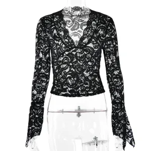See Through V-Neck Long Sleeve Lace Skinny Top for Women Spring Summer Party Club Shirts
