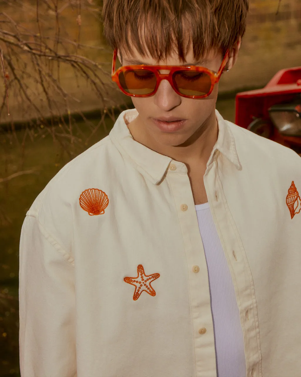 Shell Embroidered Organic Cotton Shirt Ecru