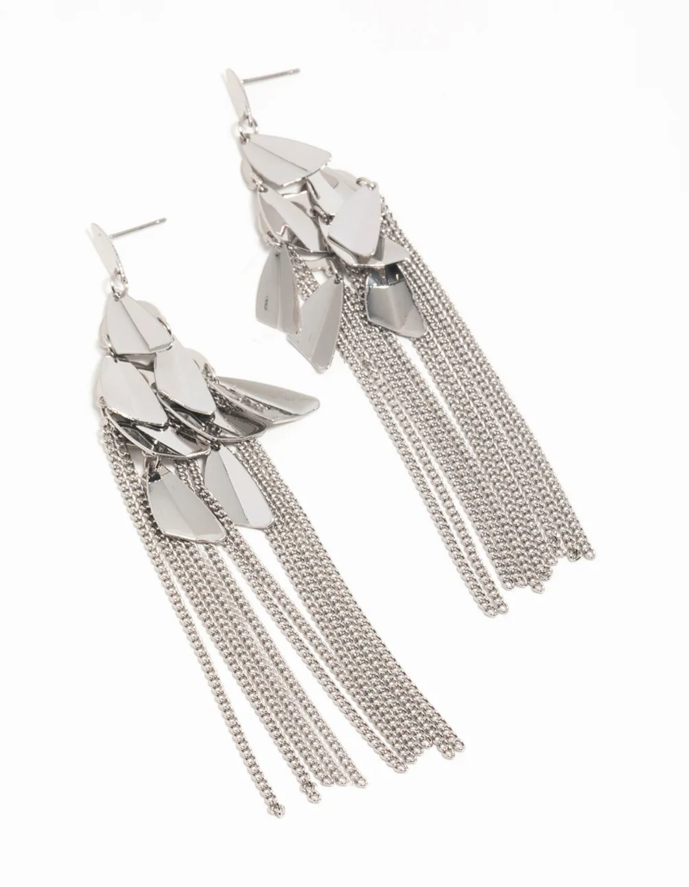 Silver Petal Box Chain Waterfall Drop Earrings