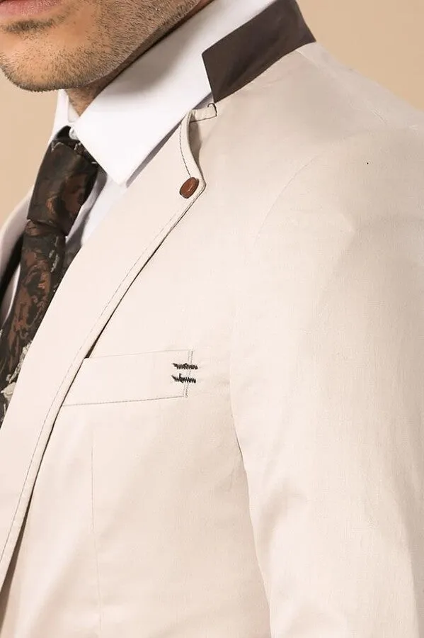 Single Button Standing Collar Cream Men Blazer - Wessi