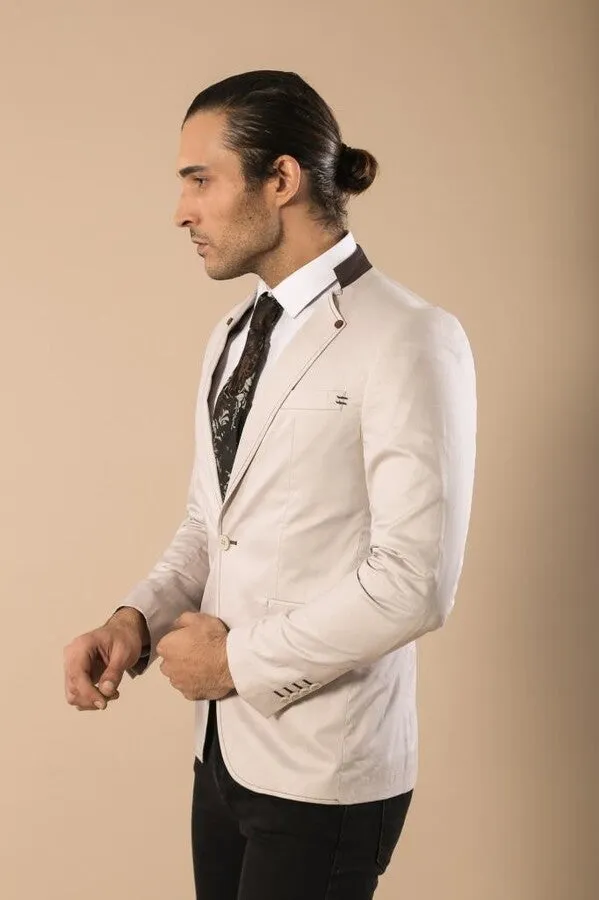 Single Button Standing Collar Cream Men Blazer - Wessi