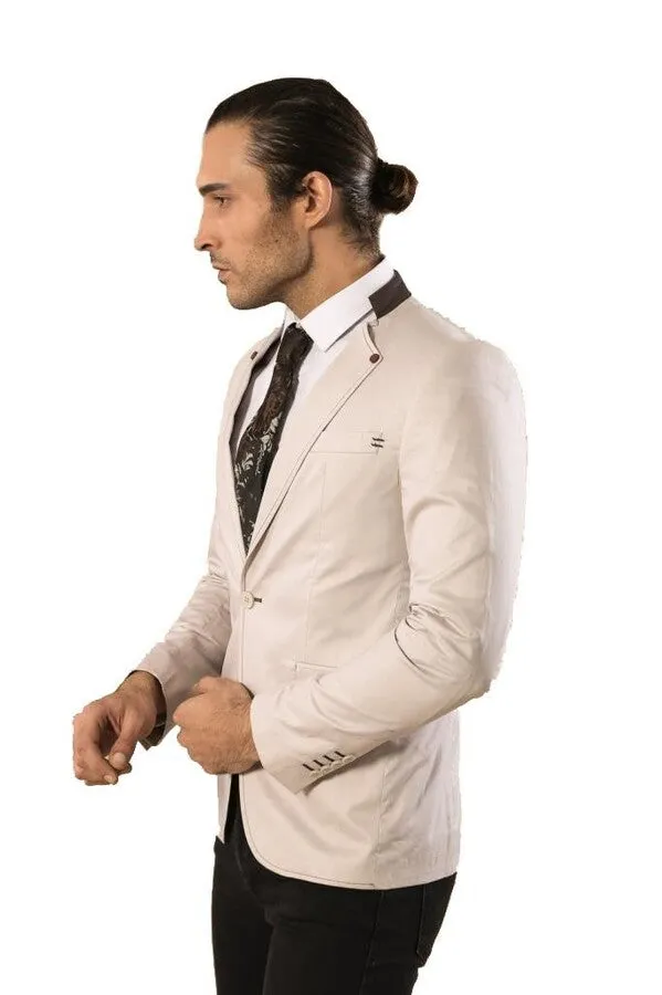 Single Button Standing Collar Cream Men Blazer - Wessi