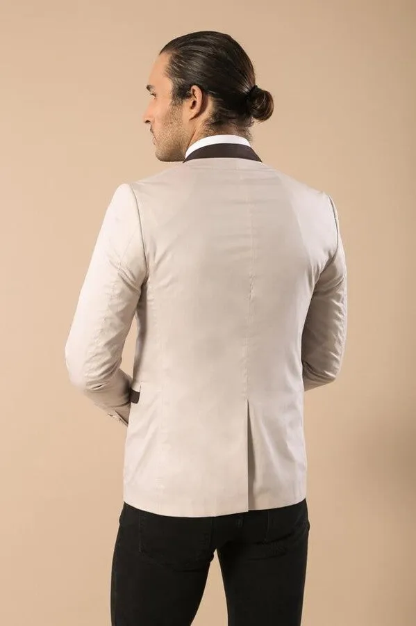 Single Button Standing Collar Cream Men Blazer - Wessi