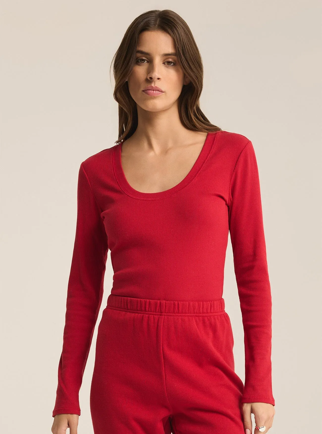 Sirena Rib Long-Sleeve Tee | Haute Red, Heather Taupe