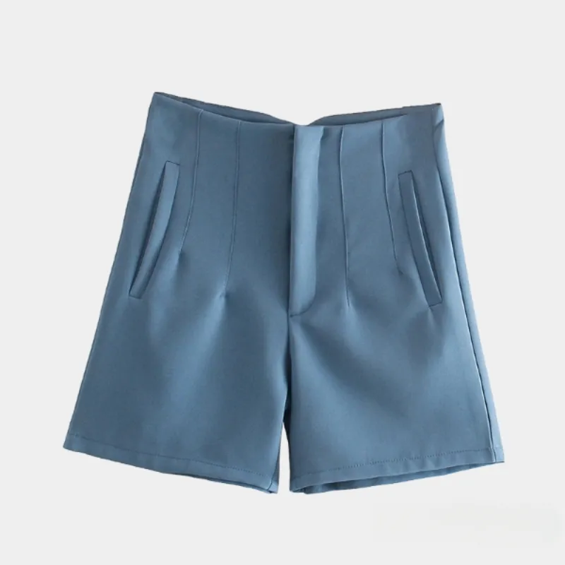 Solid High Waist Zipper Shorts