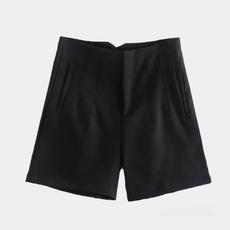 Solid High Waist Zipper Shorts