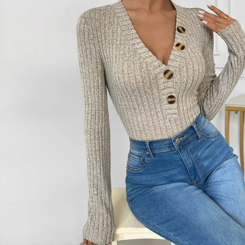 Sophisticated Ribbed Long-Sleeve V-Neck Button-Front Bodysuit