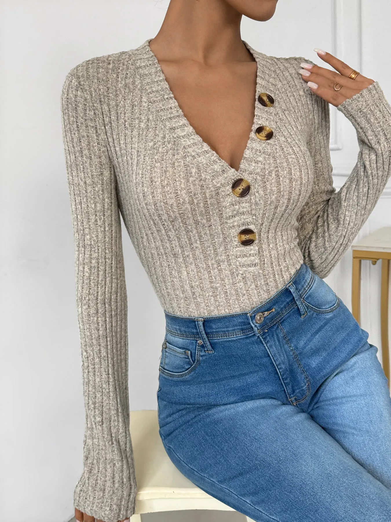 Sophisticated Ribbed Long-Sleeve V-Neck Button-Front Bodysuit