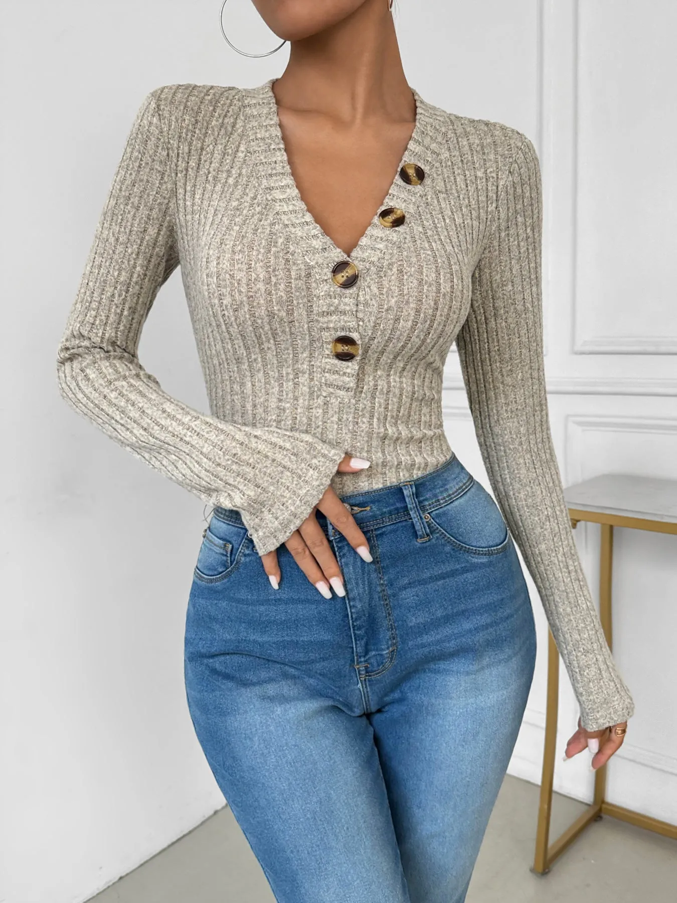 Sophisticated Ribbed Long-Sleeve V-Neck Button-Front Bodysuit
