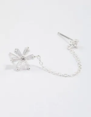 Sterling Silver Baguette Flower Chain Stud Earrings