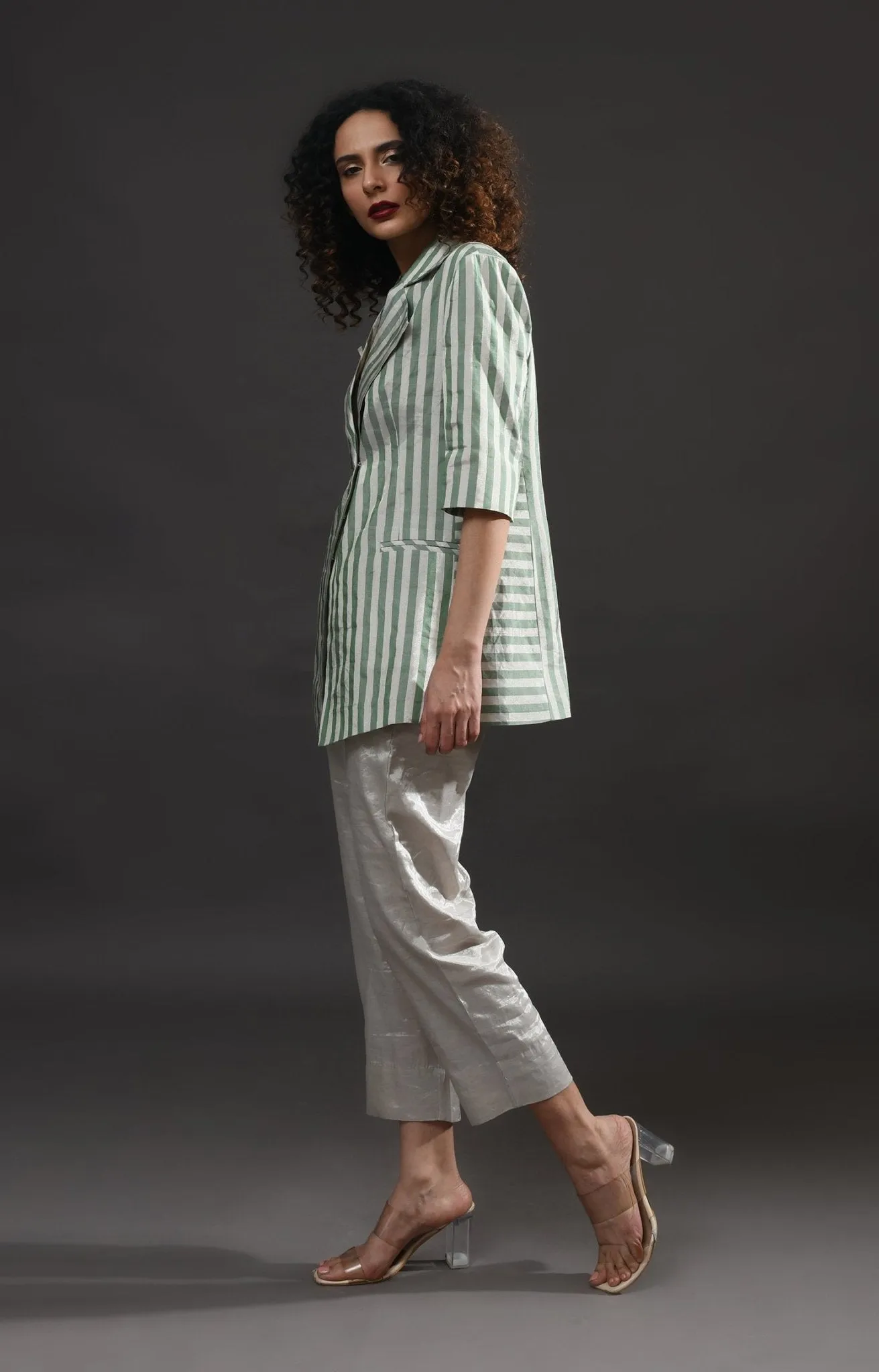 Striped Tissue Blazer Co-ord (Set of 2) - Silver and Green