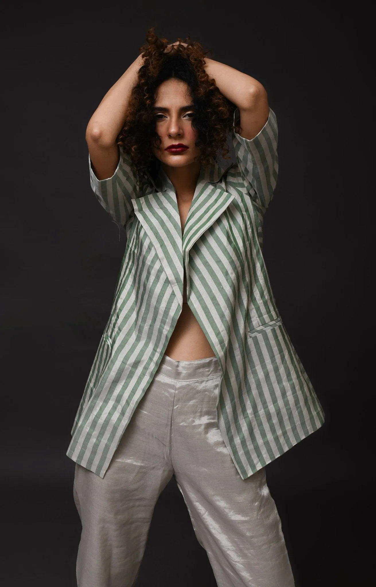 Striped Tissue Blazer Co-ord (Set of 2) - Silver and Green