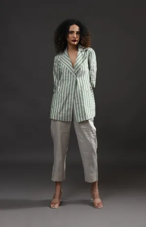 Striped Tissue Blazer Co-ord (Set of 2) - Silver and Green