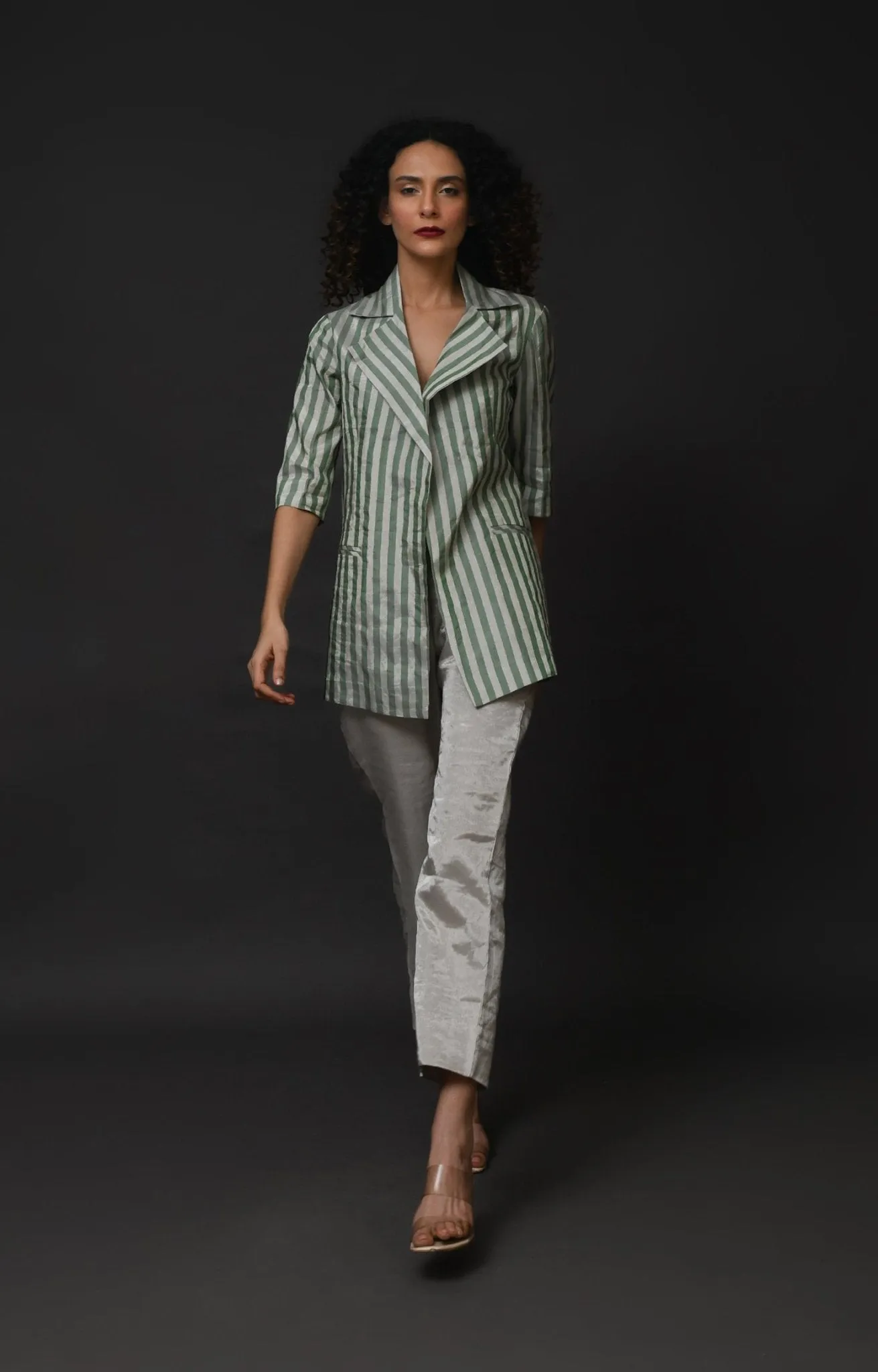 Striped Tissue Blazer Co-ord (Set of 2) - Silver and Green