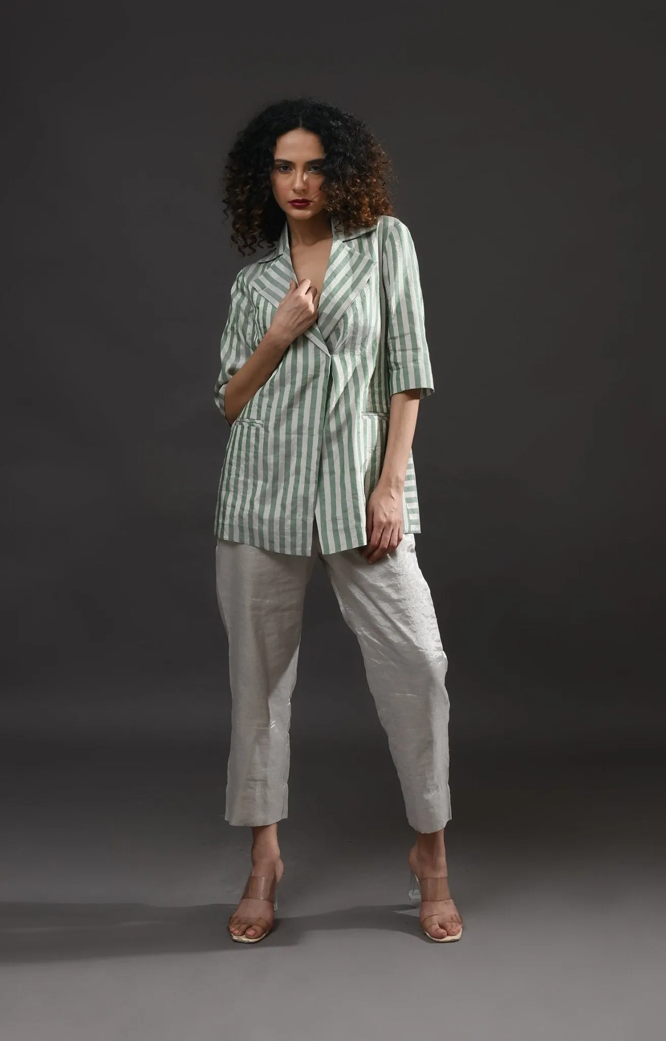 Striped Tissue Blazer Co-ord (Set of 2) - Silver and Green