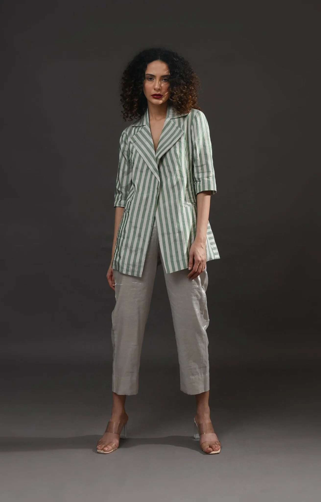 Striped Tissue Blazer Co-ord (Set of 2) - Silver and Green