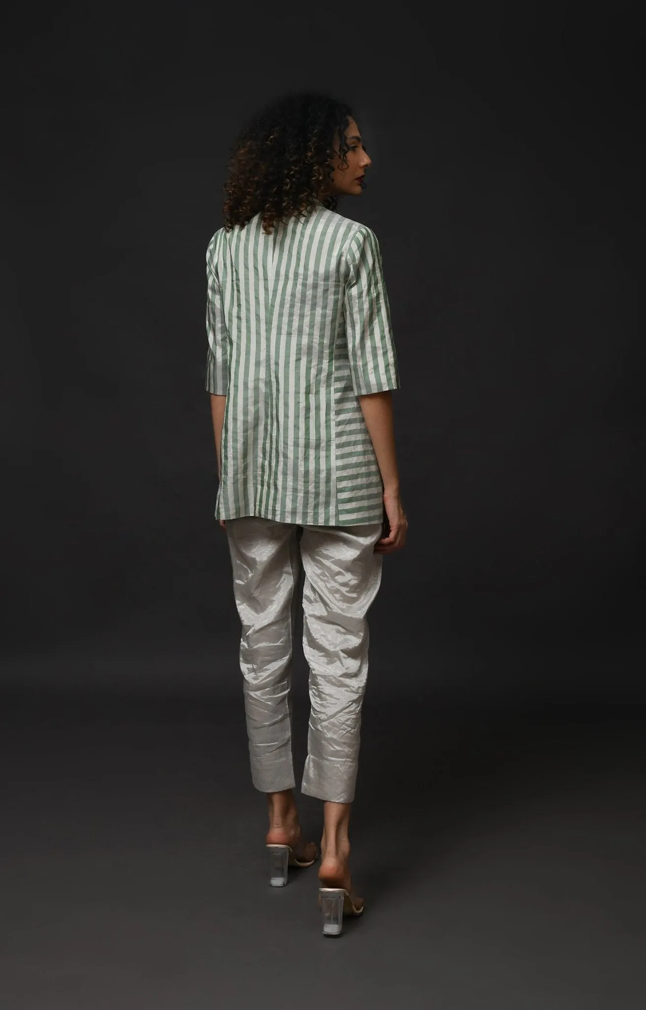 Striped Tissue Blazer Co-ord (Set of 2) - Silver and Green