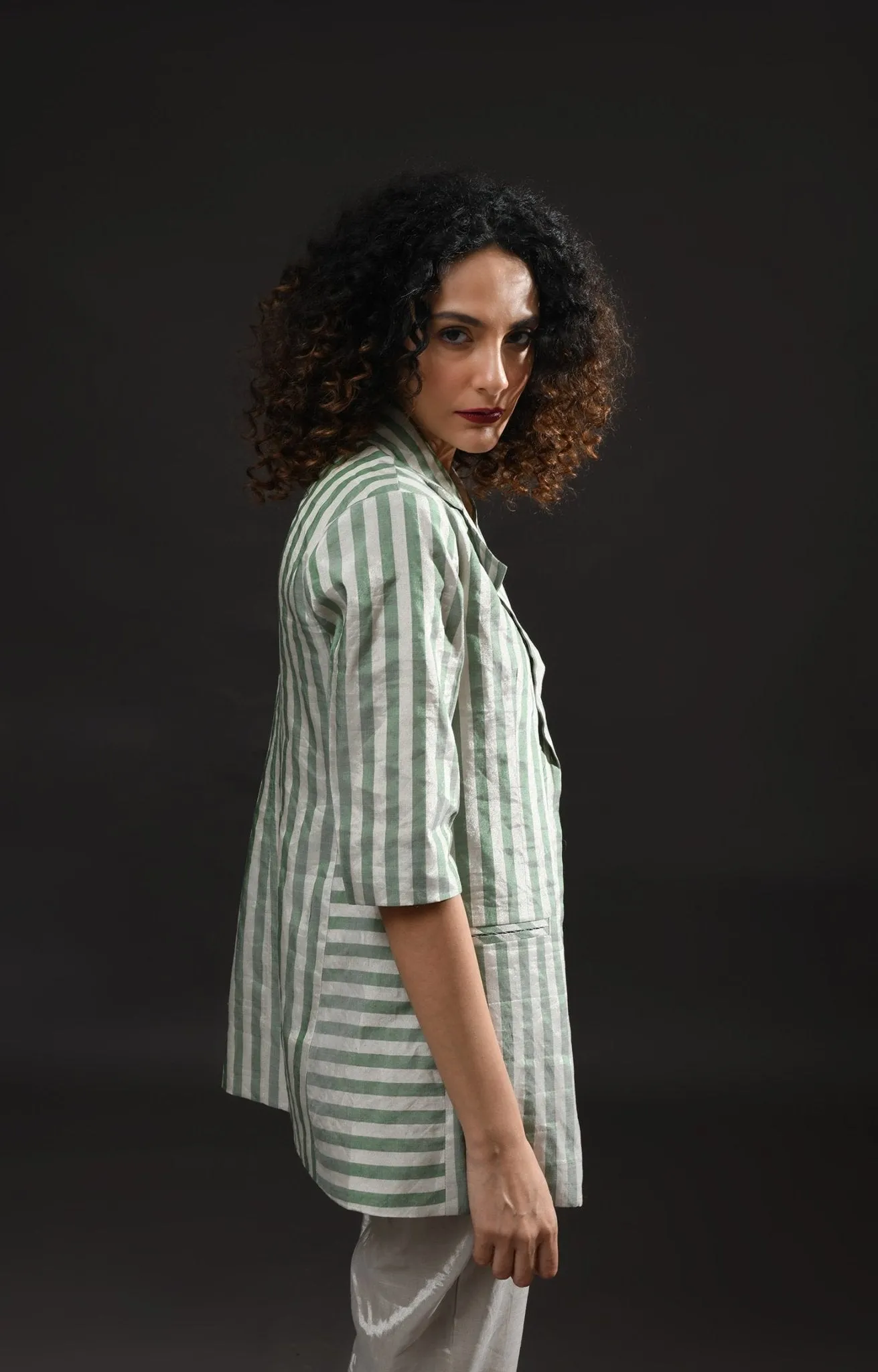 Striped Tissue Blazer Co-ord (Set of 2) - Silver and Green