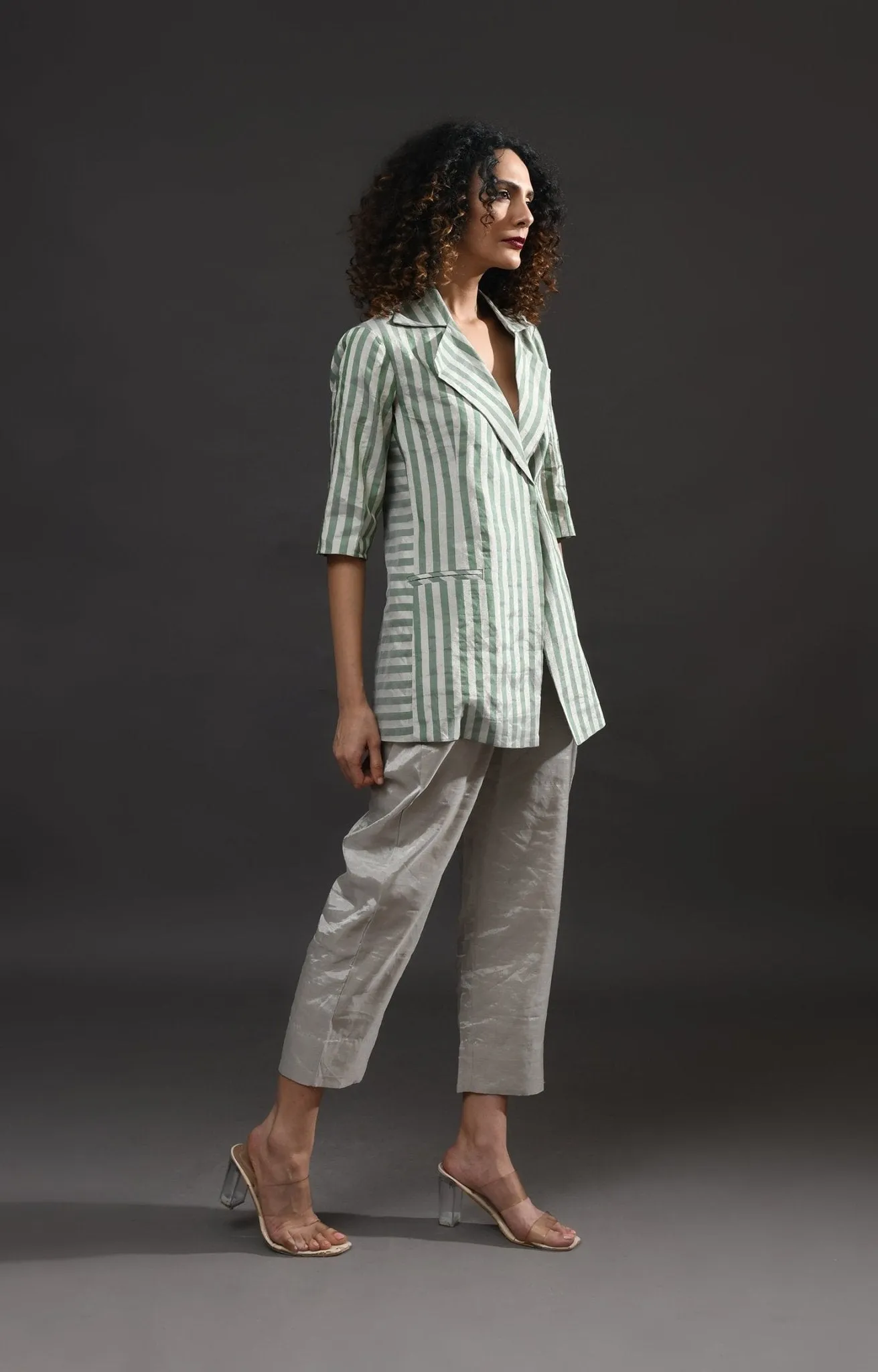 Striped Tissue Blazer Co-ord (Set of 2) - Silver and Green
