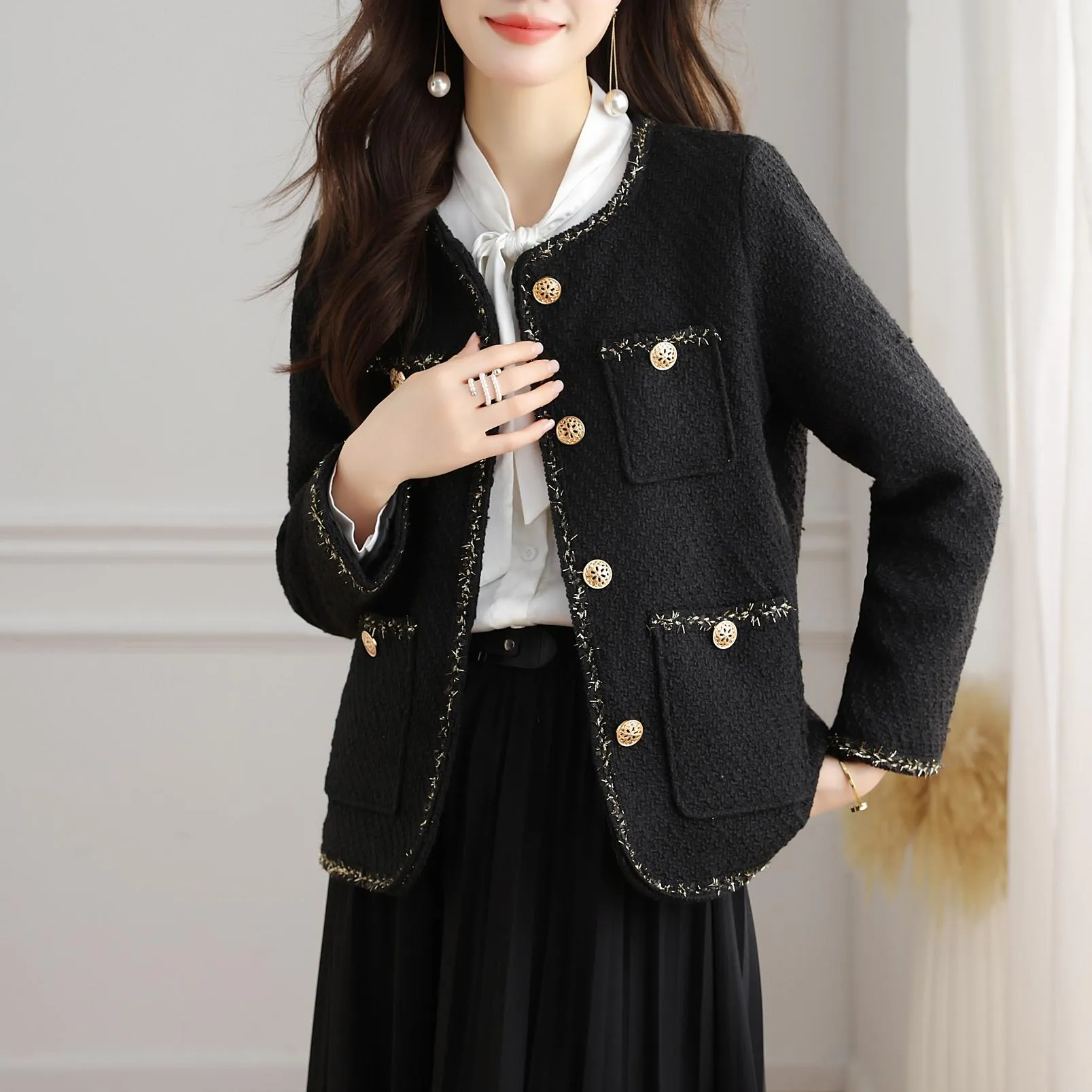 Stylish Cropped Black Blazer with French Flair and Contrast Trim