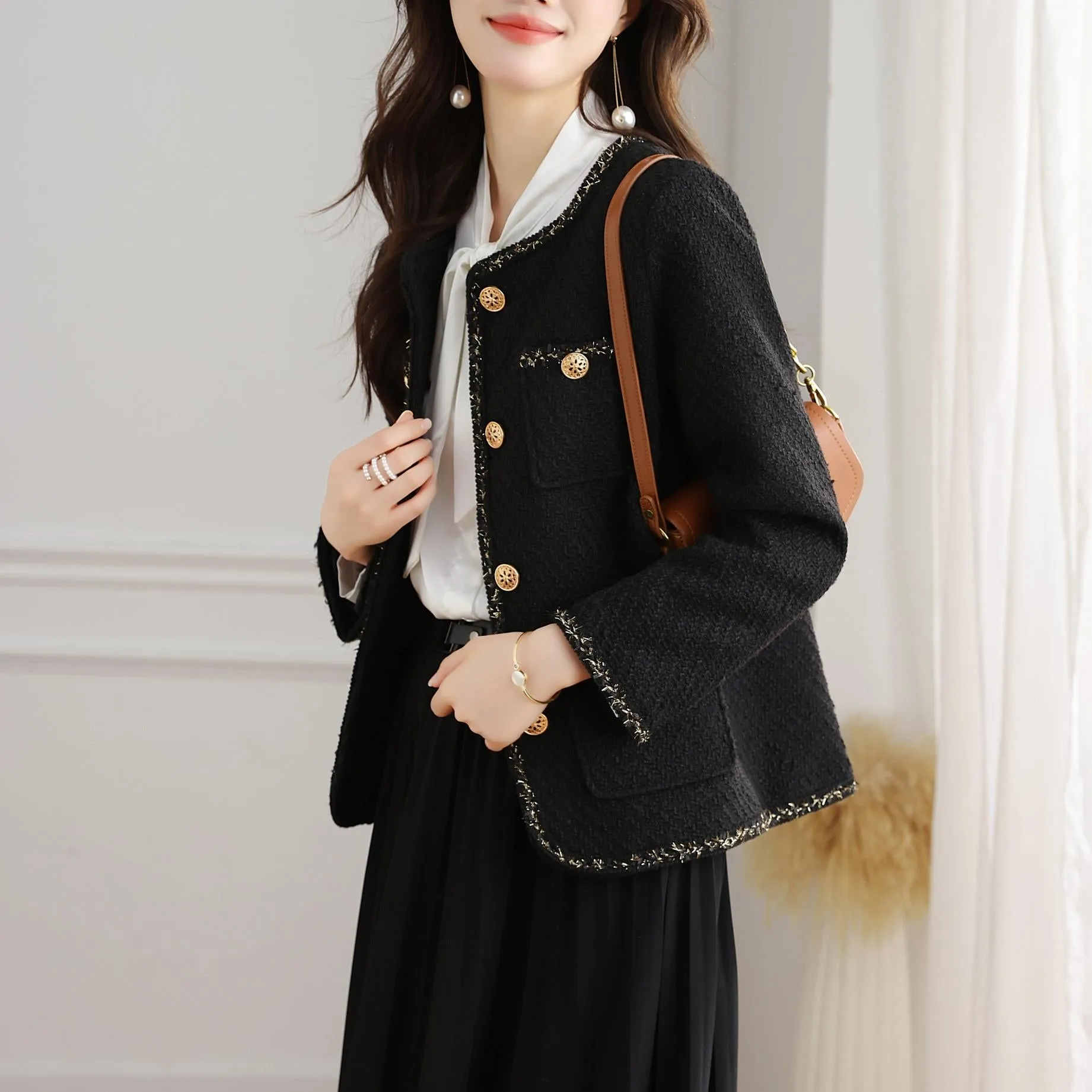 Stylish Cropped Black Blazer with French Flair and Contrast Trim