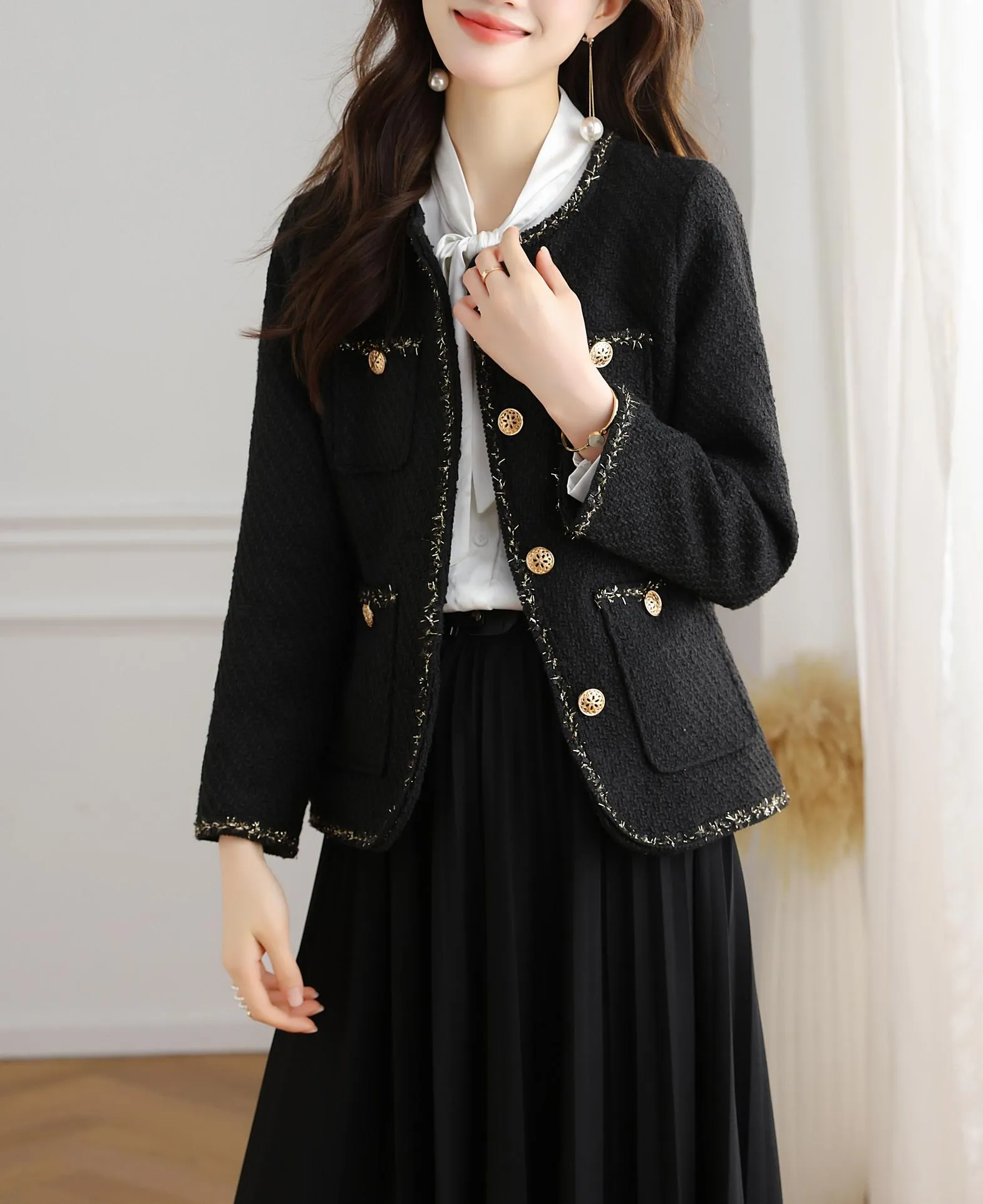 Stylish Cropped Black Blazer with French Flair and Contrast Trim