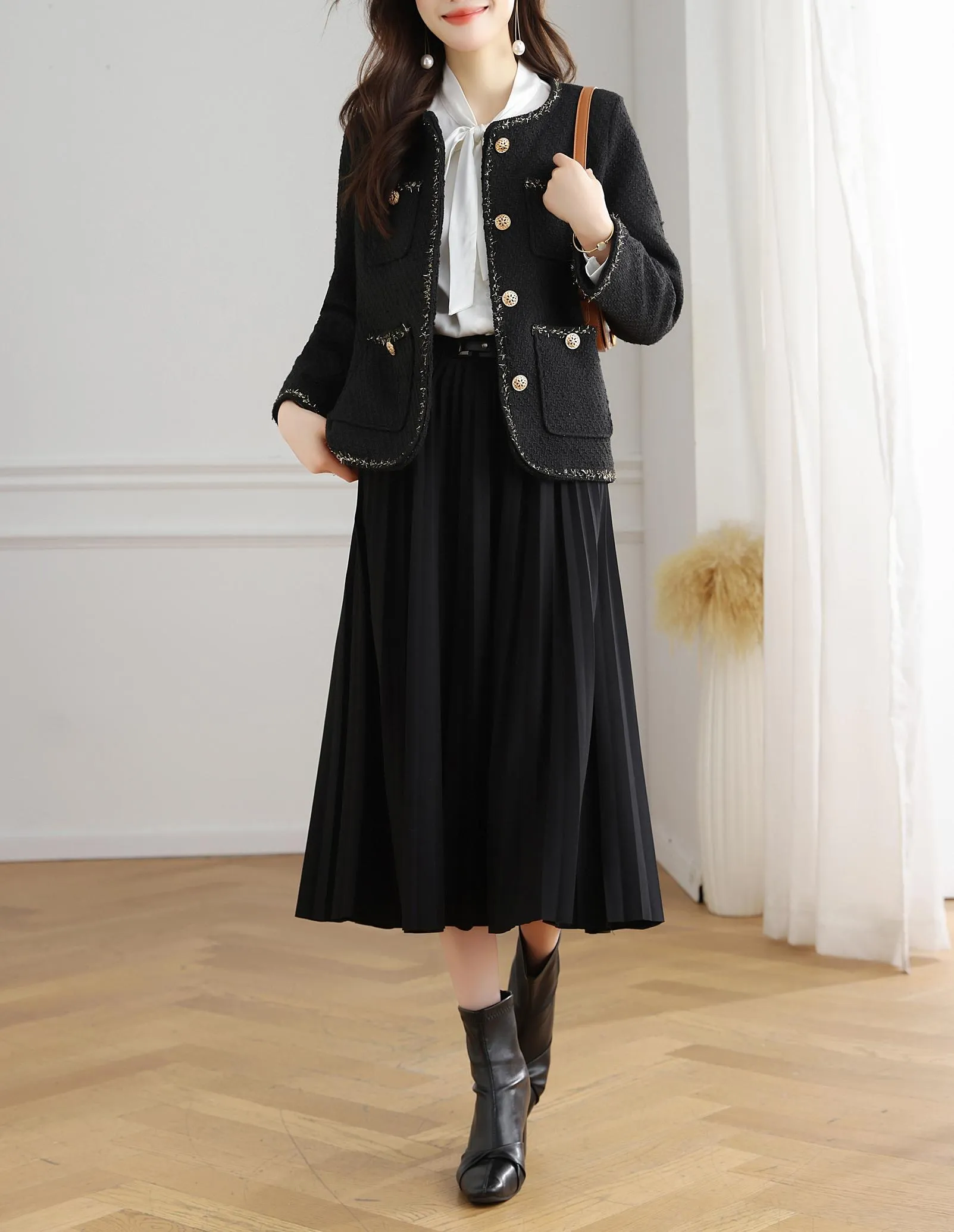 Stylish Cropped Black Blazer with French Flair and Contrast Trim