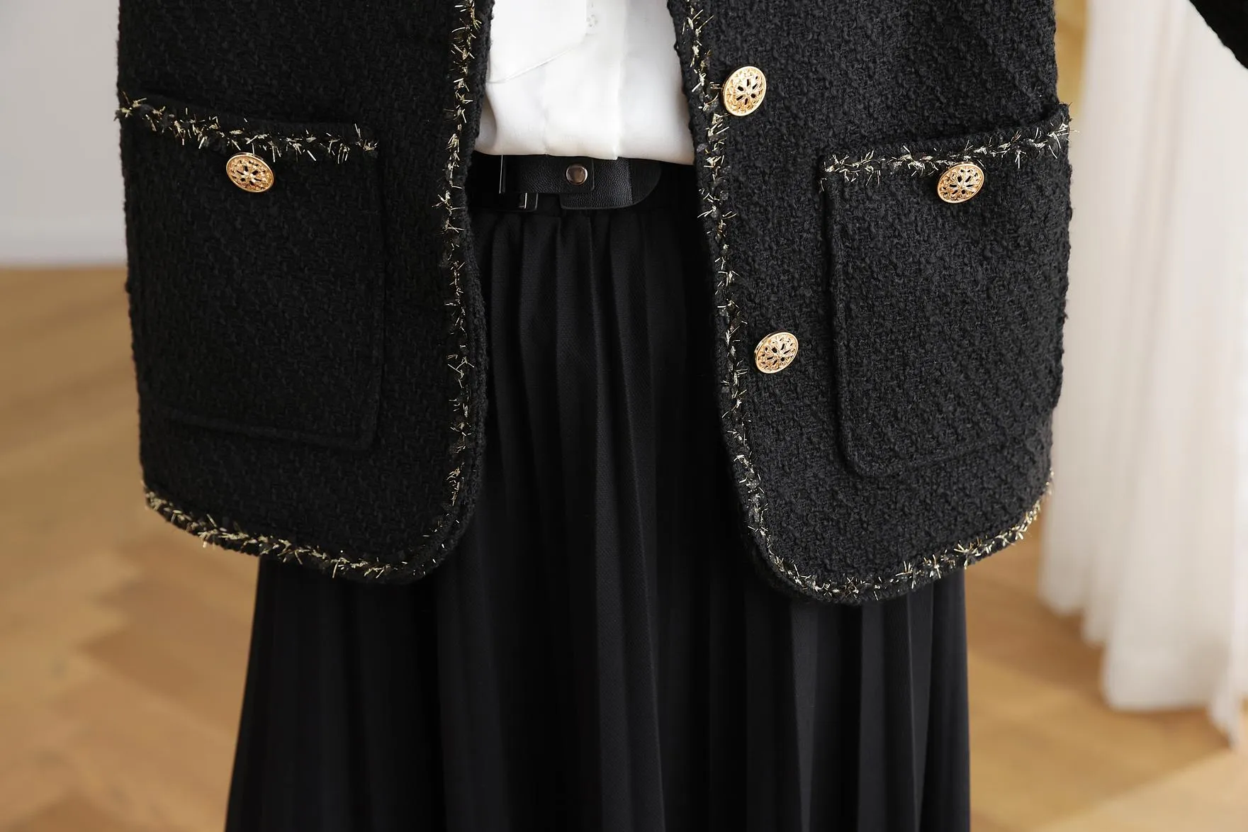 Stylish Cropped Black Blazer with French Flair and Contrast Trim