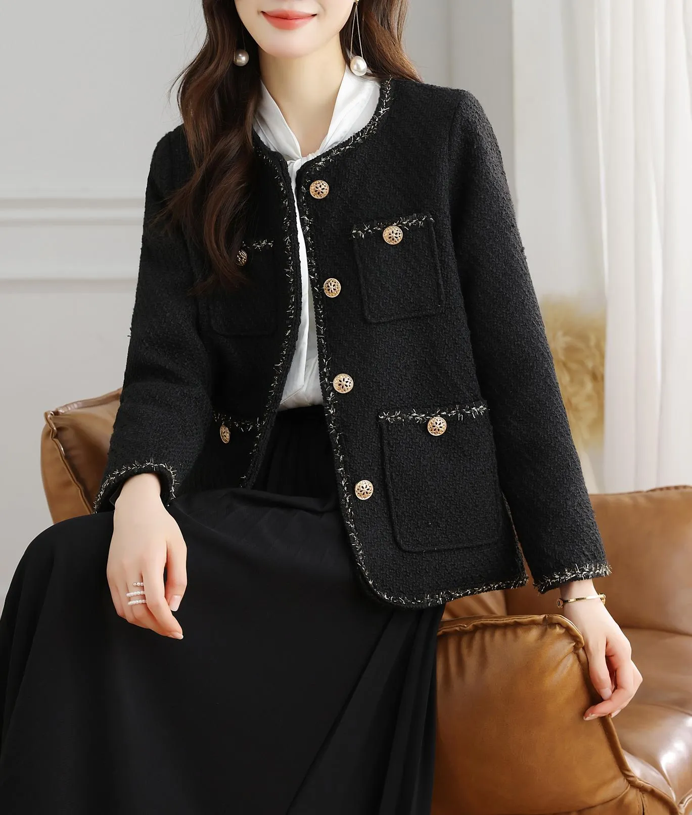 Stylish Cropped Black Blazer with French Flair and Contrast Trim
