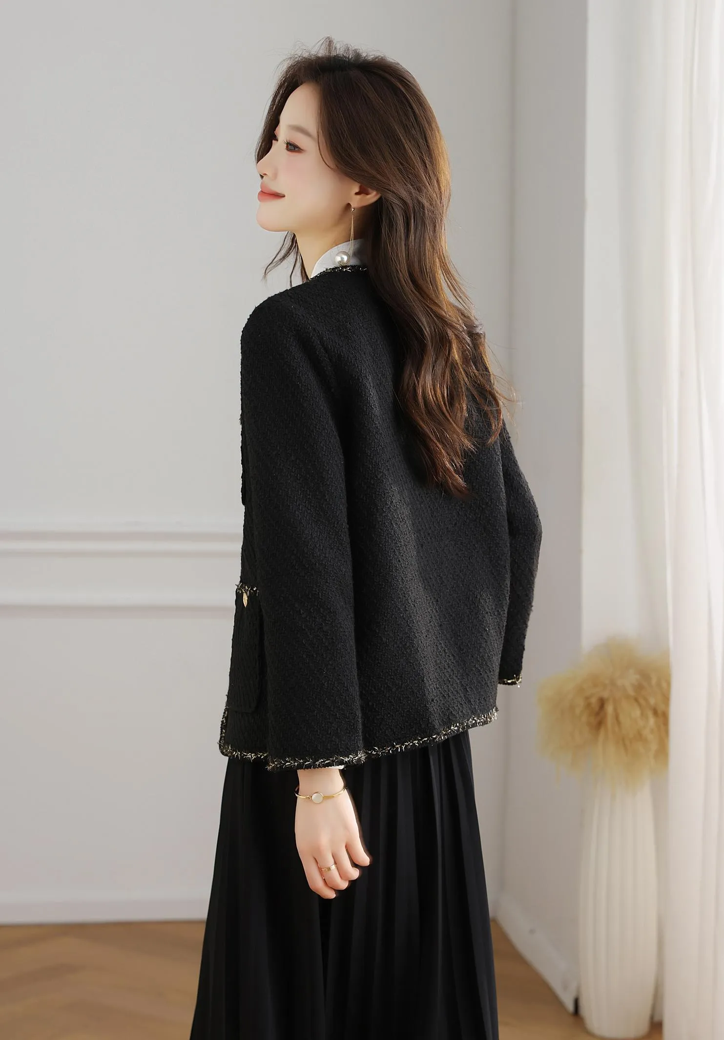 Stylish Cropped Black Blazer with French Flair and Contrast Trim