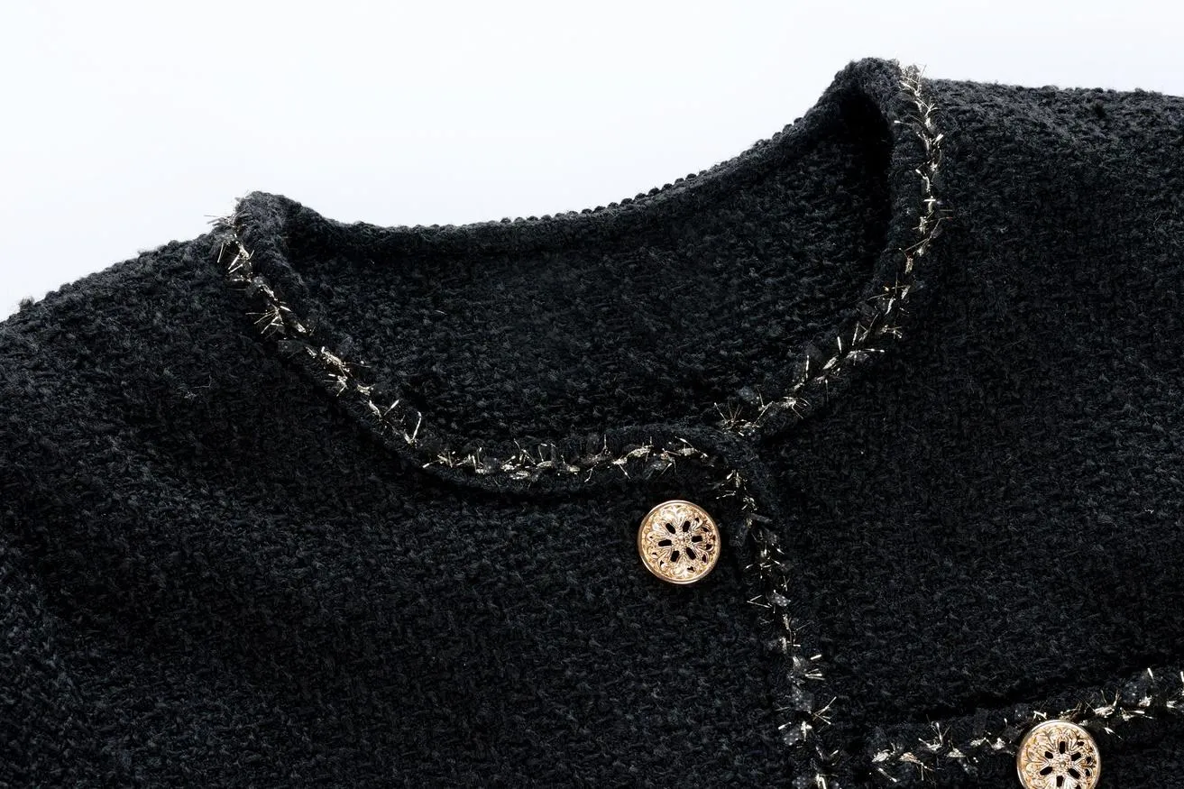 Stylish Cropped Black Blazer with French Flair and Contrast Trim