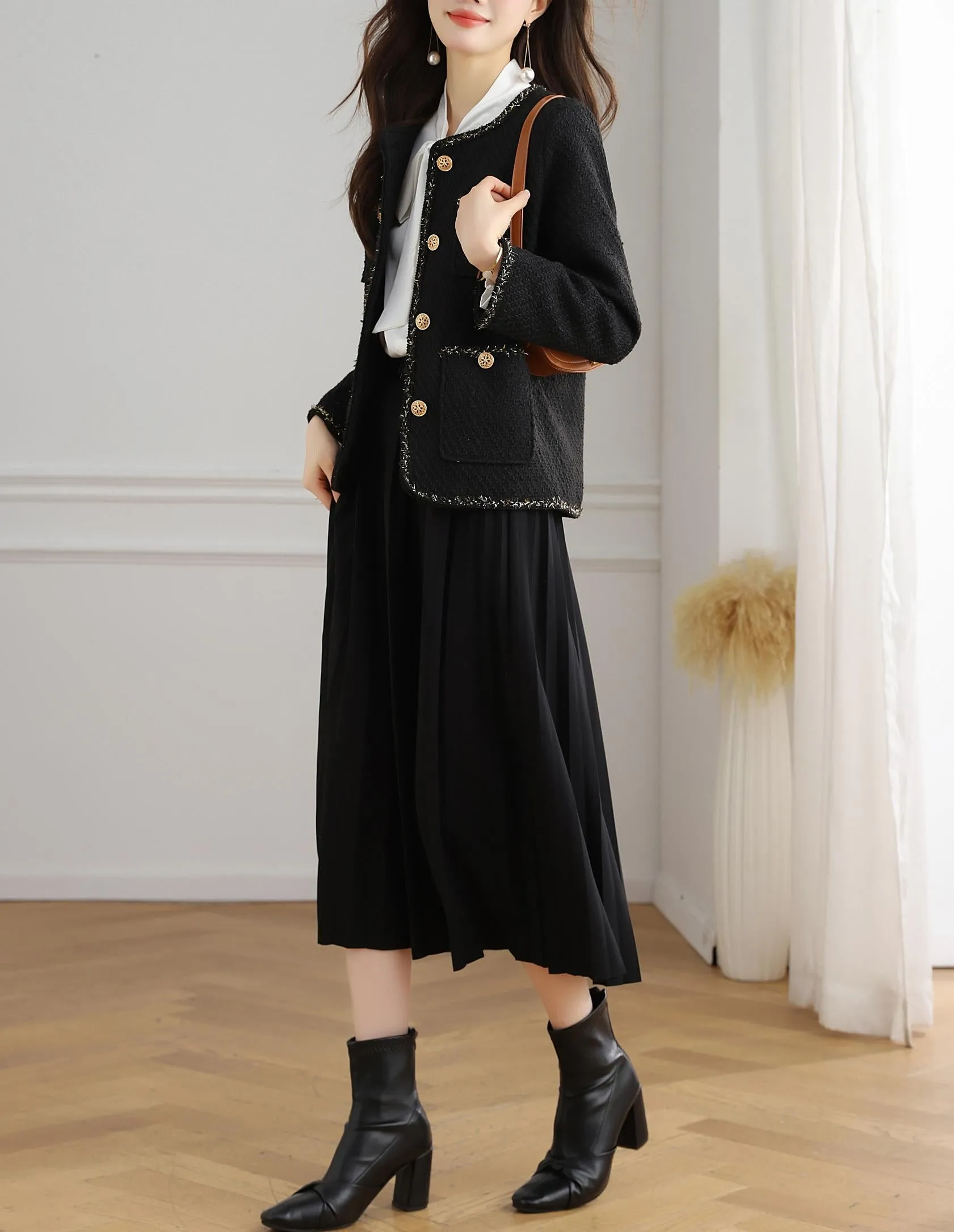 Stylish Cropped Black Blazer with French Flair and Contrast Trim