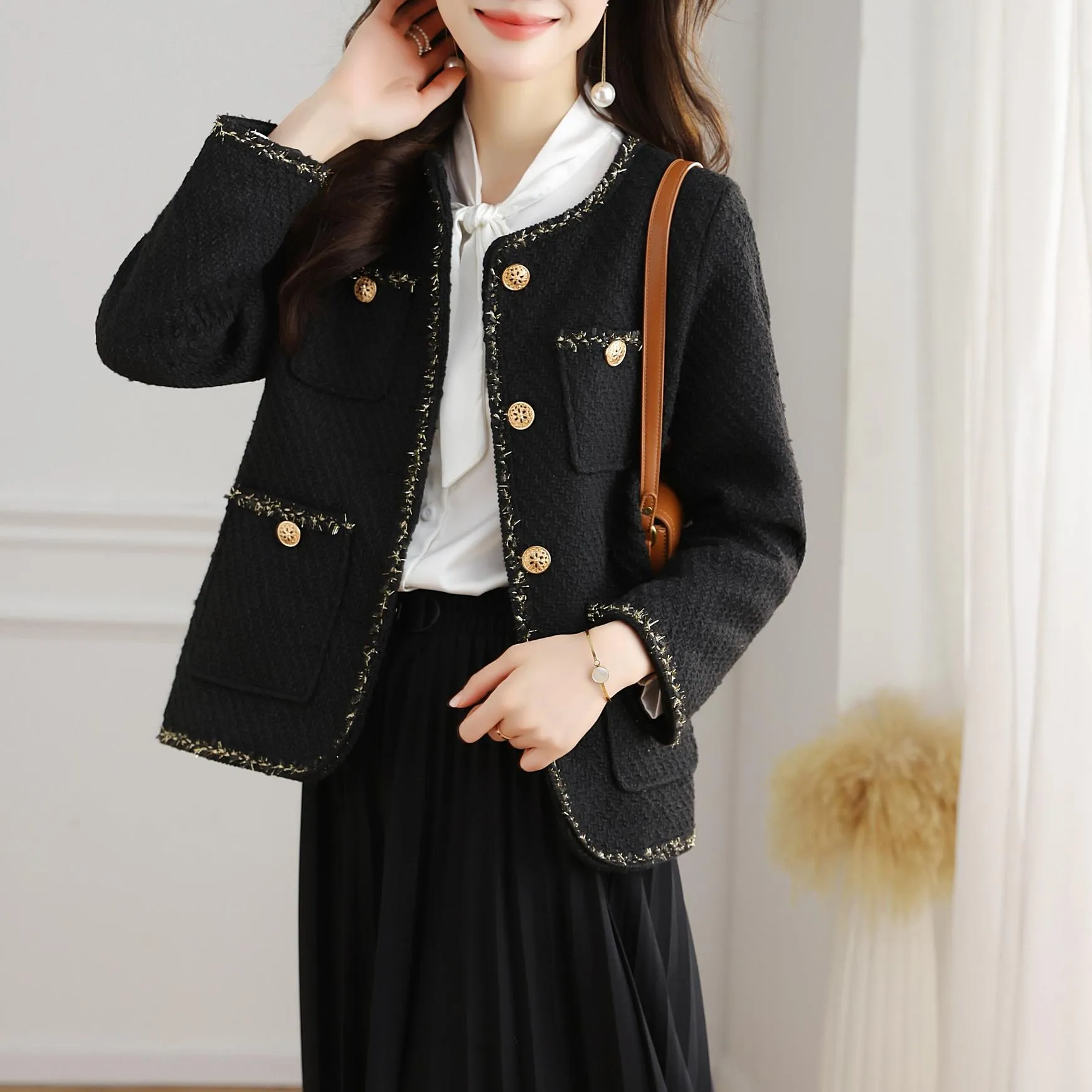 Stylish Cropped Black Blazer with French Flair and Contrast Trim